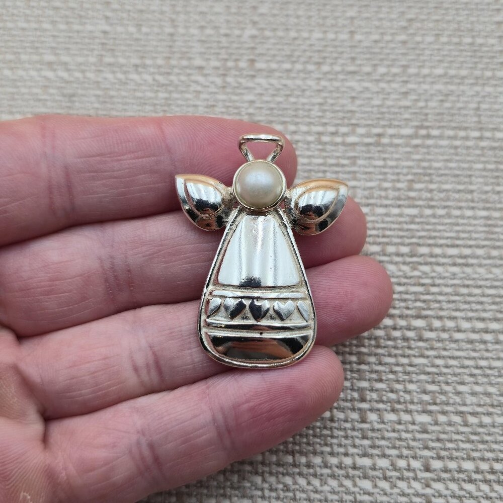 Sterling Silver Faux Pearl Angel Religious Pin Brooch Pendant A5246
